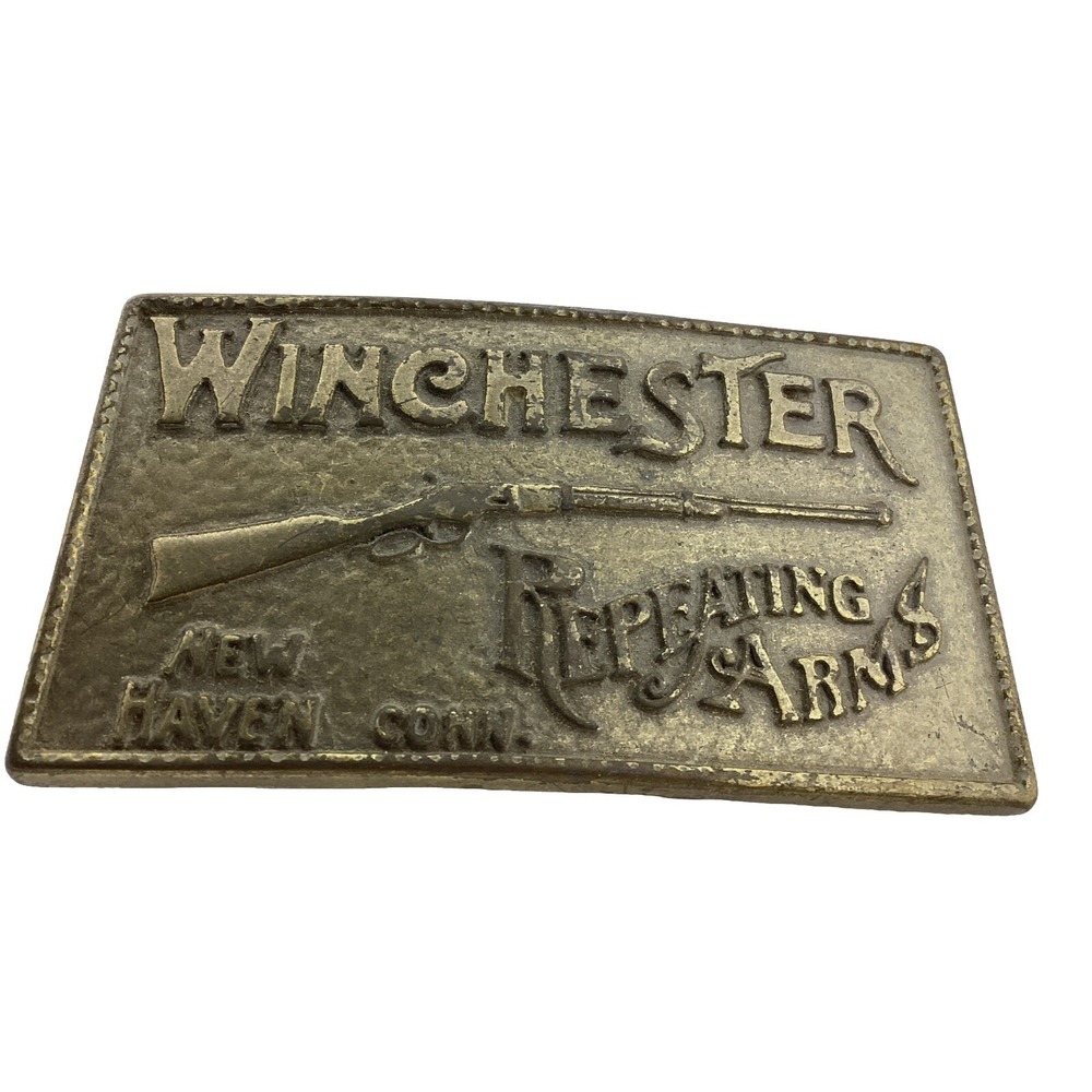 1970s Vtg WINCHESTER Guns belt buckle "Repeating Arms" WESTERN BRASS Tone